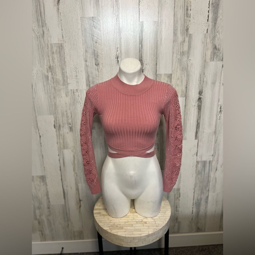 Sweet Rain Pink Rhinestone Crochet Sleeve Wrap Crop Sweater Womens Size XS